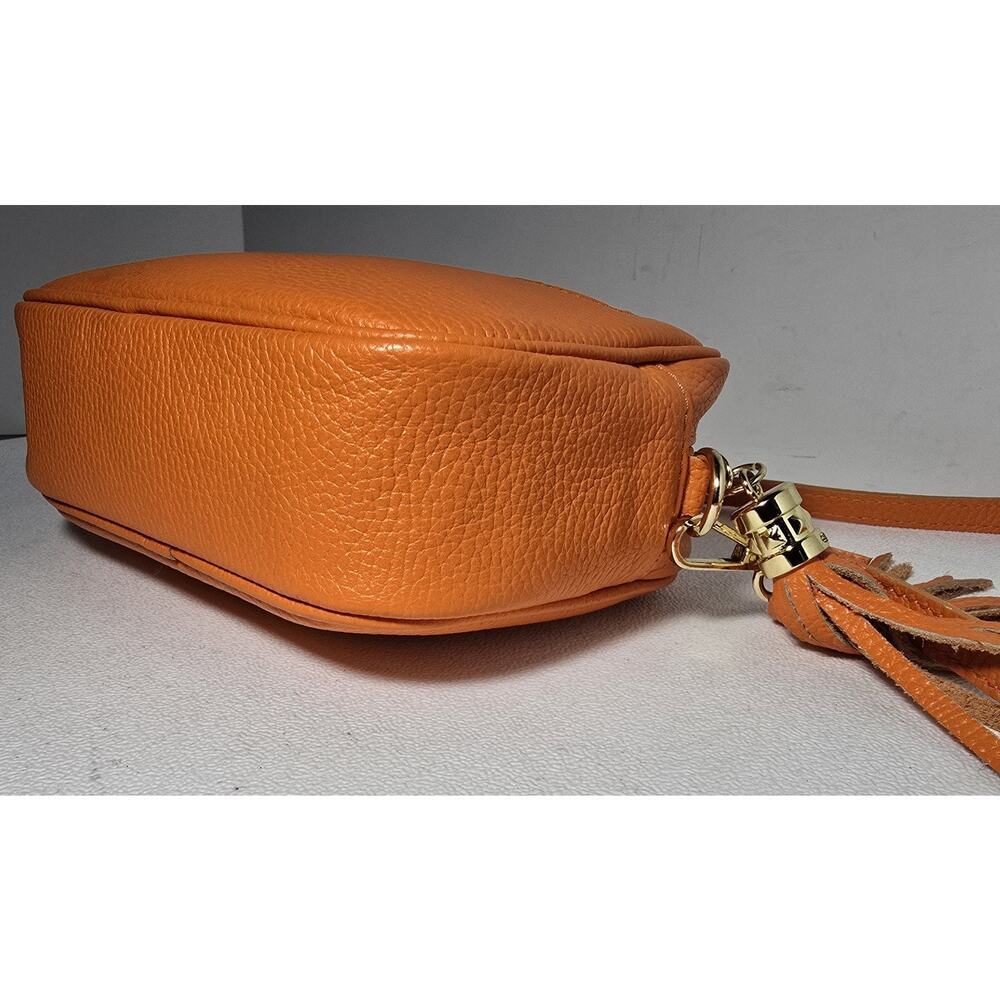 Borse in Pelle Crossbody Shoulder Bag Orange Pebble Leather 2 Straps Made Italy - Picture 8 of 13